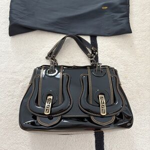 Fendi Glossy Black Satchel with Gold Accents